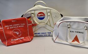 Three England Cricket Tour Bags two for 1978/9 and the other 1979/80, each bearing Bernard Thomas