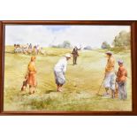 Douglas E West (after) 2x colour golfing prints one titled "The Long Chip" and another from the same