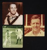 Three Cricket Signed Photocards including Don Bradman, Keith Miller and Ray Lindwall.