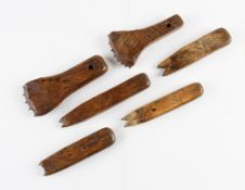 Tennis Racket Fabrication Tools - Marking Out Tools - a selection of elongated wooden shaped tools