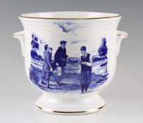 D.J.C "Golfing Collectables Fine Bone China" blue and white jardinière - with golfing scene and