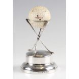 1932 Silver golf ball hole in one trophy - 3x crossed golf clubs c/w Penfold Ace golf ball mounted