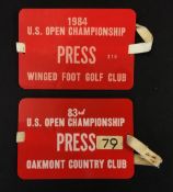 2x US Open Golf Championship Press armbands - large red and white plastic armbands for 1983