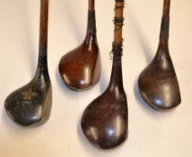 3x Anderson stamped woods to incl driver with fibre face insert, brown stained spoon and black