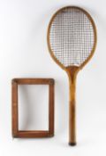 T.H. Prosser & Sons Junior Tennis Racket c.1900 with a convex wedge and a wooden ridge handle,