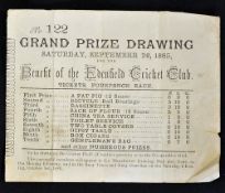 1885 Cricket Draw Ticket in benefit for the Edenfield Cricket Club date 26 September with First