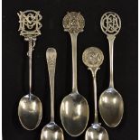 5x early 20th c Golf Club silver tea spoons to incl Stanmore Golf Club, Flackwell Heath Golf Club,