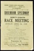 1939 Dagenham Speedway Programme v 'The Rest' date 9 April 1939 the ninety-eight Race Meeting,