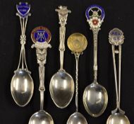 6x ornate and decorative Golf Club silver and enamel teaspoons - to incl Fulford York Golf Club,