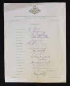1968 Australian Team on Tour Signed Team Sheet with 17 signatures to an Australian Board of