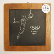 1960 Olympics Plaque with Gymnastics (Rings) illustration a dark tile with embossed details,