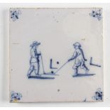 Early Dutch delft blue and white golf tile - hand painted with a Kolf scene - overall 5" x 5" (G).