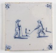 Early Dutch delft blue and white golf tile - hand painted with a Kolf scene - overall 5" x 5" (G).