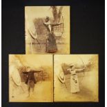 3x Early Archery Photographs depicting two females and a male in firing stance with long bows, set