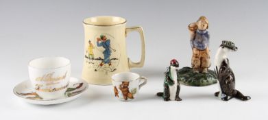 Collection of early golfing ceramics - 1920's earthenware spill vase 5.5"h, late Vic childs teddy