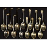 Collection of 13 assorted silver golfing teaspoons mostly with golf club handle is and 6 with