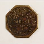 c.1900 Jeffries & Kipper Billiard Parlour Bar Token Los Angeles - in partnership with Jack Kipper