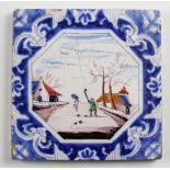 Early Dutch delft blue and white golf tile - hand coloured Kolf scene - some crazing and surface