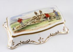 Late Spode bone china box with decorative early golfing scene box- the lid features Vic. Golfers