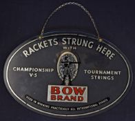 'Bow Brand - Rackets Strung Here' Tennis Sign with Championship vs Tournament Strings details, an