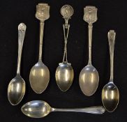 6x various silver and silver plated golfing teas spoons - incl silver ornate crossed club stem, 3x