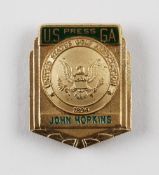 Official USGA brass and enamel Press pin badge - inlaid with the recipient's names as issued to John