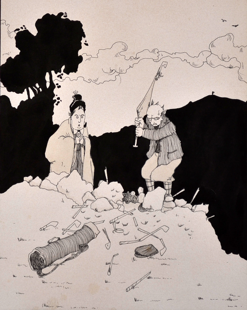 Beardsley, Aubrey (after/in the style of) COMICAL GOLFING SCENE - original ink drawing on paper -