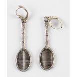 Pair of Silver Plate Tennis Racket Earrings with jewelled tennis balls inlaid to the handles,