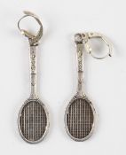 Pair of Silver Plate Tennis Racket Earrings with jewelled tennis balls inlaid to the handles,