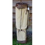Good Gradidge Makers London leather and canvas oval golf bag c/w travel hood, 2x pockets, matching