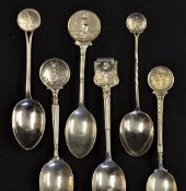 6x decorative silver golf teaspoons with embossed male and female golfers - one engraved S.P.G.C