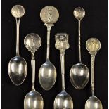 6x decorative silver golf teaspoons with embossed male and female golfers - one engraved S.P.G.C