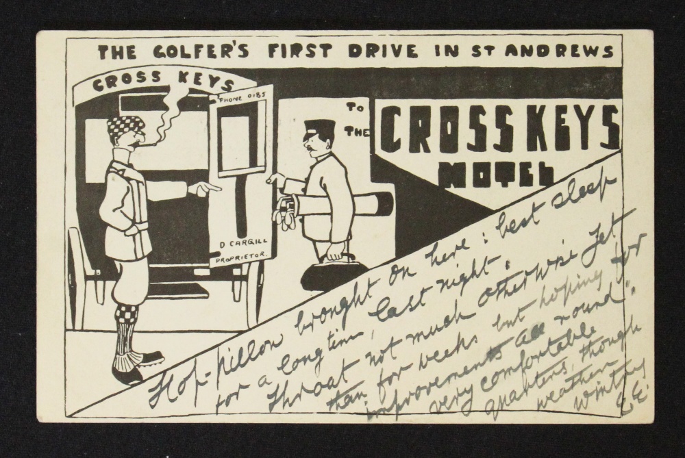 1911 The Cross Keys Hotel, St Andrews golfing postcard - titled "The Golfer's 1st Drive In St