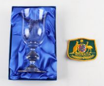 Australian Cricket Tour 1993 Glass Goblet with signatures to the bowl, boxed, with Australia cloth