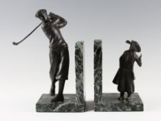 Fine pair of Golfing Bronze figures and marble bookends c.1990's - featuring a golfer and his
