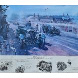 Terence Cuneo 'Bentleys at Le Mans' Colour Print depicting the Bentley racing cars with comments