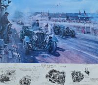 Terence Cuneo 'Bentleys at Le Mans' Colour Print depicting the Bentley racing cars with comments