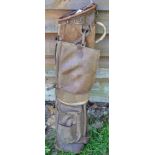 Period full leather oval golf bag c/w travel hood, ball pocket and original shoulder strap (F)