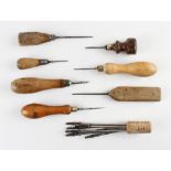 Various Tennis Racket Fabrication Tools includes a selection of tools with wooden handles and