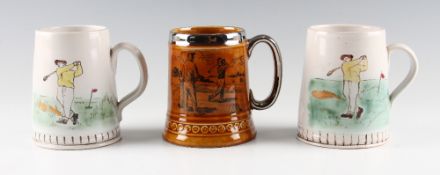 3x various golfing 1pt ceramic tankards to incl 2x Buchan Portobello Scotland and a Lord Nelson