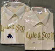 Two Cricket MCC Tour White Shirts with blue lion embroidered badges by Lyle & Scott, both medium