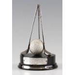 Fine 1929 Silvertown Hole in One silver golf trophy - comprising 3x golf clubs holding the Lynx