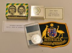 Group of Cricket Items including enamel lapel badge Australia XI in England 1938 by Schlank Adelaide