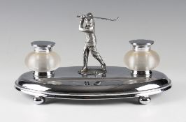 Fine James Durban & Co Birmingham (1878-1952) silver plated golfing desk ink well set - decorated