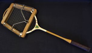 Collection of 3x Tennis ball boxes and badminton racket to incl the Slazenger Lawn Tennis Box c.1947