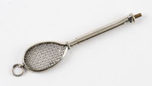 Interesting Silver Plated Tennis Racket Pencil Pendant with chain ring to top of racket, measures