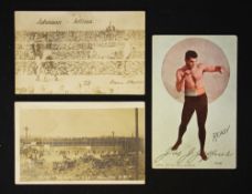 2x c.1910 Jack Johnson v Jim Jeffries Boxing Postcards depicting an action scene inside the arena,