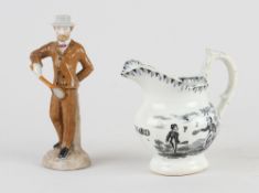Victorian Dressed China Figure with Early Table Tennis Bat measures 12cm approx. marked with a faded