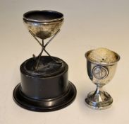 1933 Silver golfing egg cup size trophy - c/w embossed disc with period golfer and engraved below