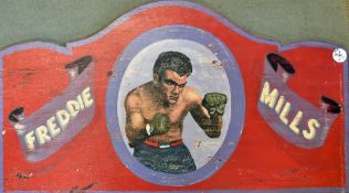 1950s Freddie Mills Funfair Boxing Booth Display appears hand painted with an image of Mills to